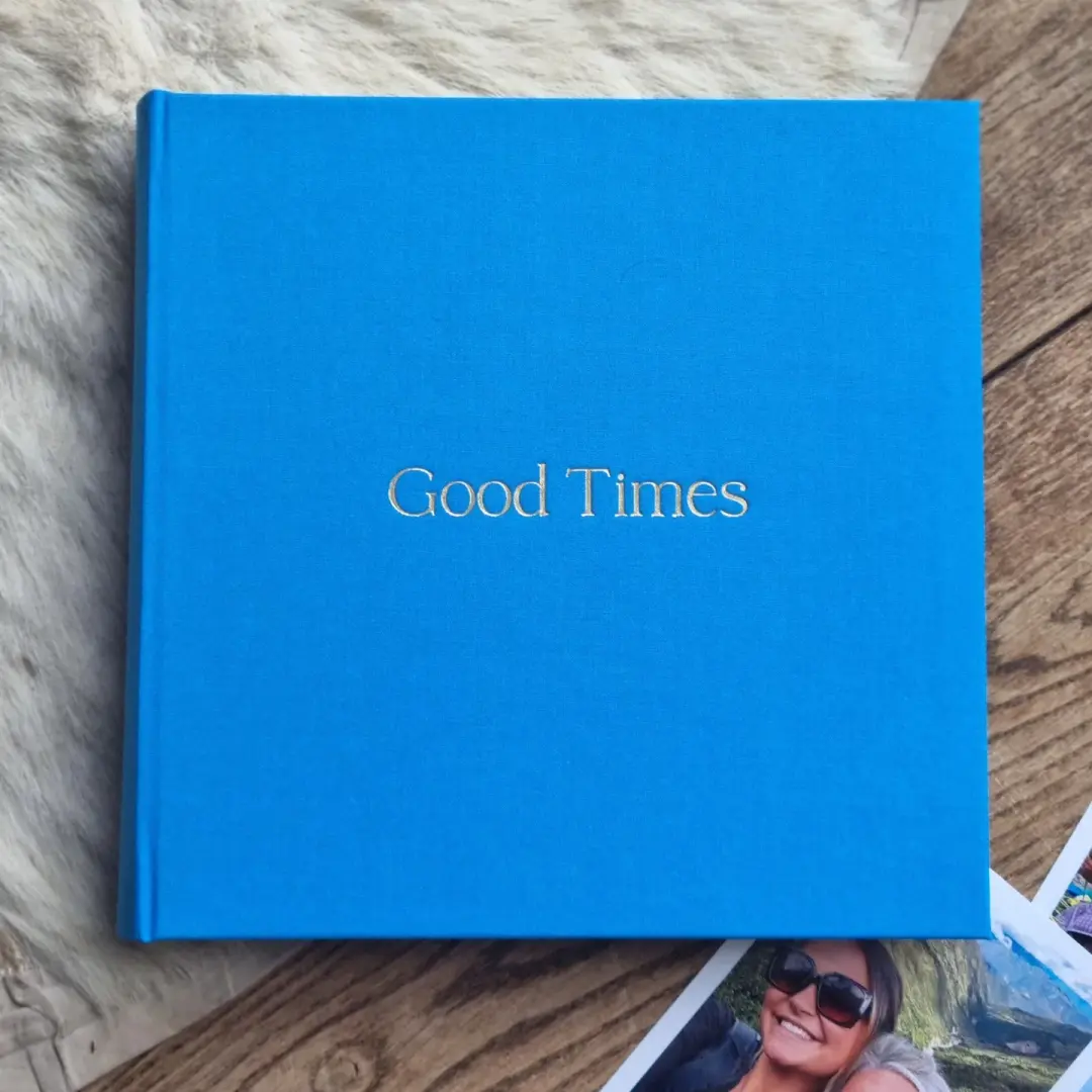 Sky Blue 'Good Times' Photo Album – Hand-Bound with Gold Foil