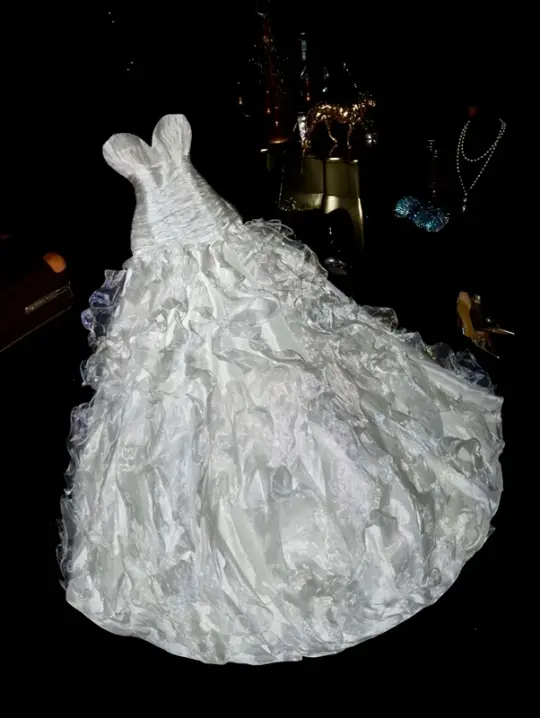 White strapless, fitted waist, pleated, elegant long ball gown R6924