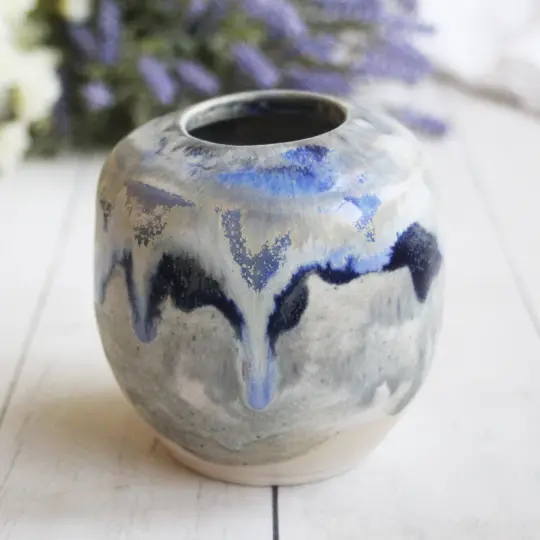 Artful Pottery Vase in Shades of Blue and Gray Glazes, Ready to Ship, Made in USA