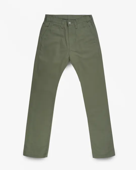 9oz Mercerised Selvedge Cotton Relaxed Tapered Cut Chinos - Olive