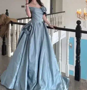 Elegant Blue Prom Gown , 3D Floral Silky Corset Maxi Evening Dress RS1510