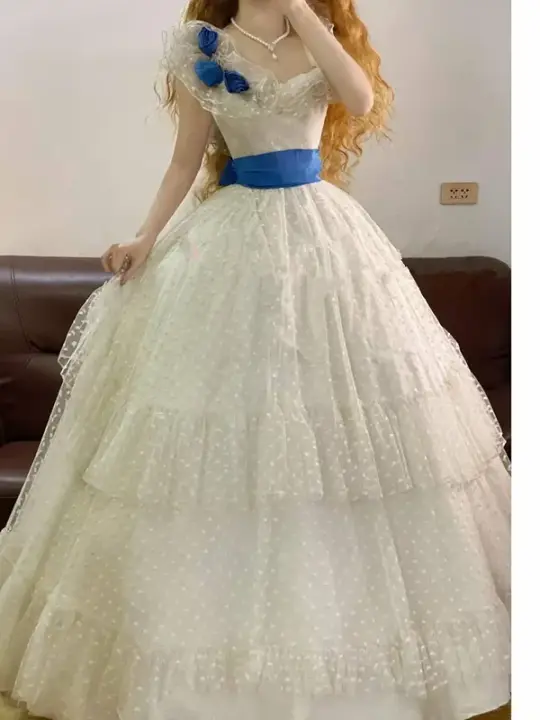 White Polka-Dot Ruffled Neckline Waist-Cinched Puffball Skirt Ball Gown, Bridal Gown R7338