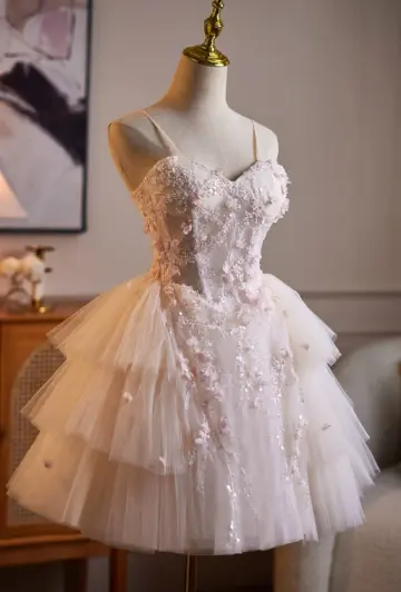 Lovely Blush Pink Beaded A-Line Spaghetti Straps Bodycon Mini Birthday Dress Homecoming Dress RS366
