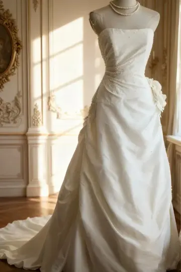White strapless, fitted waist, full skirt, long ball gown R6720