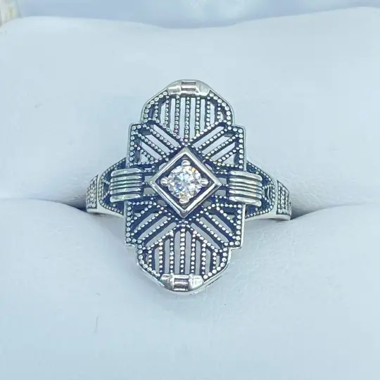 Sparkling Moissanite Ring, Size 6, Tuxedo Ring, Geometric Art Deco Jewelry #D589 - Ready to Ship