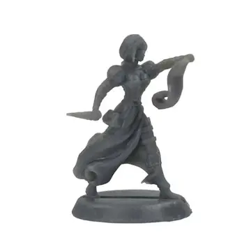 Unpainted 28mm 3D-printed resin sorceress with an open scroll and drawn dagger - tabletop RPG miniature for D&D, Pathfinder & wargaming