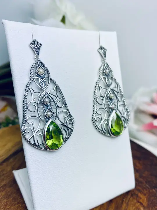 Natural Peridot Earrings, Pearl accents, Fancy Lavalier Earrings, Victorian Jewelry, E22 - Ready to Ship