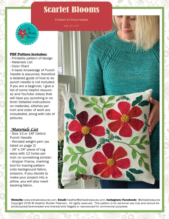Scarlet Blooms Punch Needle PDF Pattern