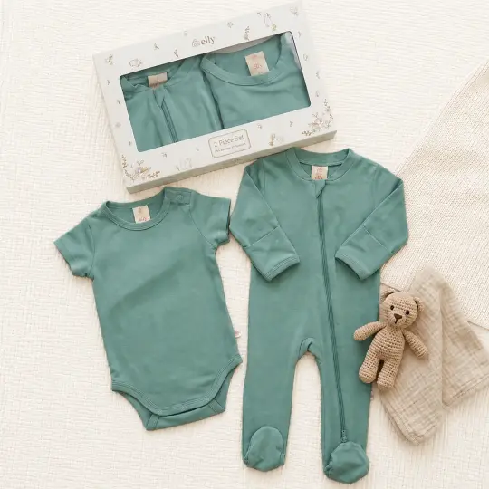 Bamboo 2 Piece Set - Green (Onesie & Sleepsuit)