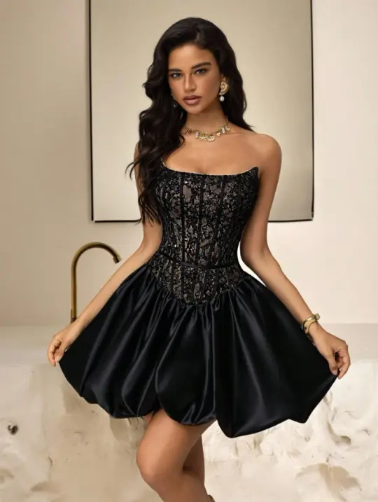 French Chic Black A-Line Strapless Lace Embroidery Bodycon Mini Prom Dress Homecoming Dress RS394