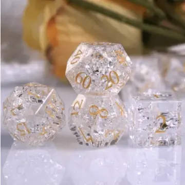 White Crackled Glass Dice Set – 7-Piece Real Gemstone DnD Dice