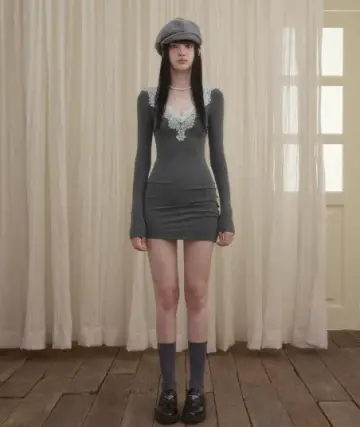 Grey Lace Trim Long Sleeve Mini Dress With V-Neck And Bodycon Fit R9289