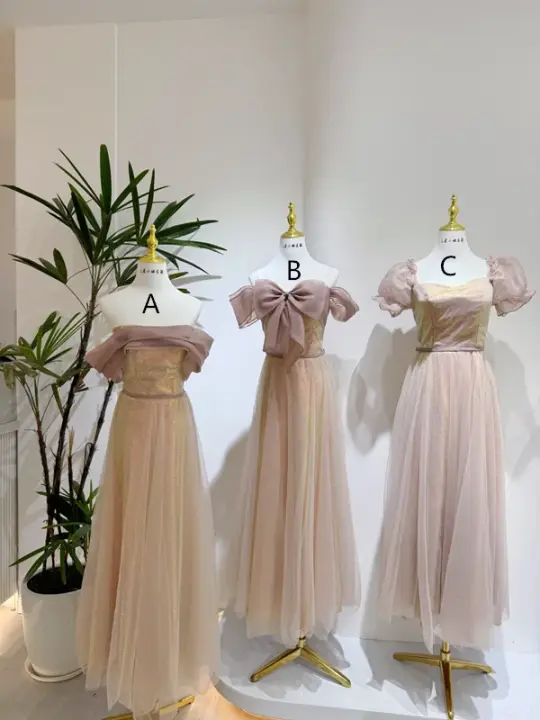 Pink tulle dress with gold lining, waist-cinched slim-fit ball gown, bridesmaid dress R5929