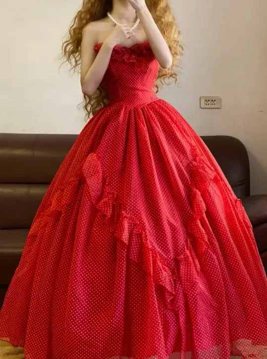 Red Strapless Waist-Cinched Puff-Skirt Ball Gown & Bridal Gown R7375