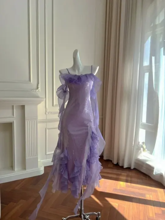 Glitter Purple Homecoming Dress ,Sheath Spaghetti Straps Bodycon Midi Prom Dress RS822