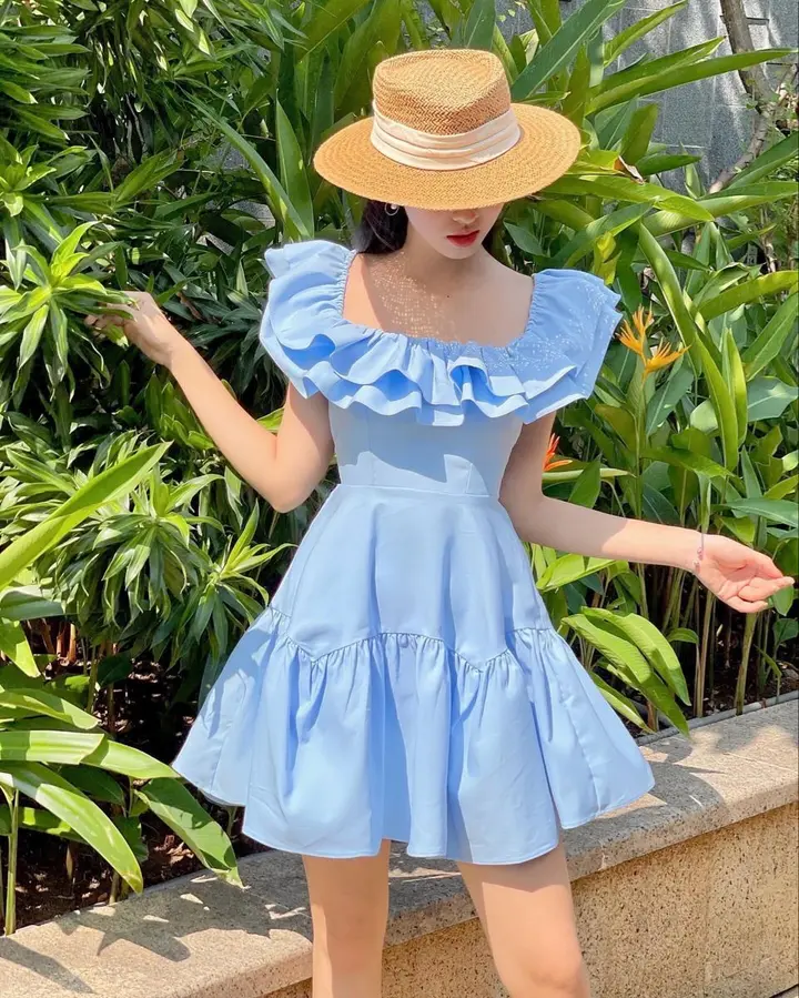 Blue ruffled neckline waist slim cake skirt homecoming dress R4128