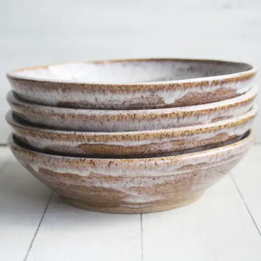 Handcrafted Set of 4 Rustic Shallow Bowls in Toasted Marshmallow Glaze, Made in USA