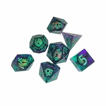 rpg sharp edge dice purple and green with moving eyes