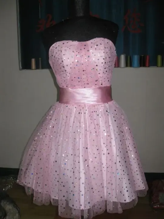 Sweet Pink A-Line Strapless Polka Dot Sequin Bodycon Mini Dress Homecoming Dress RS186