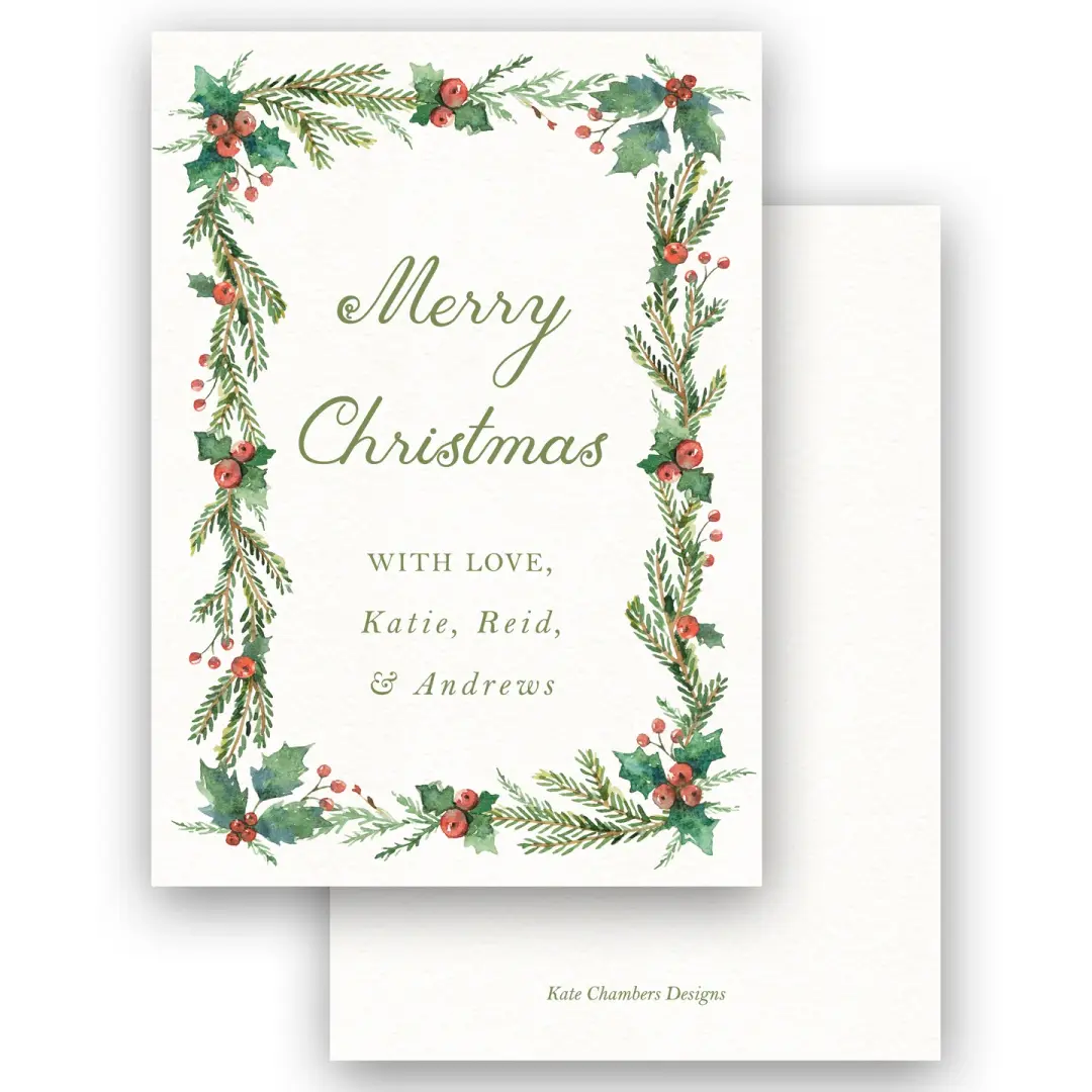 Watercolor Holly Berry Garland Border Holiday Enclosure Card