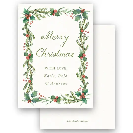 Watercolor Holly Berry Garland Border Holiday Enclosure Card