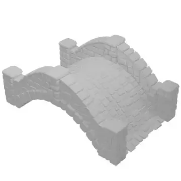 A light grey 3D model render of an unpainted tabletop miniature of a medieval fantasy arched stone bridge. The structure features a cobblestone walkway and low stone brick walls with square pillars at each of the four corners. Isolated on a white background.