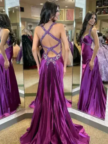 Sexy Purple Open Back Spaghetti Straps Long Women Dress with Sequin Party Dress Prom Dress RS106