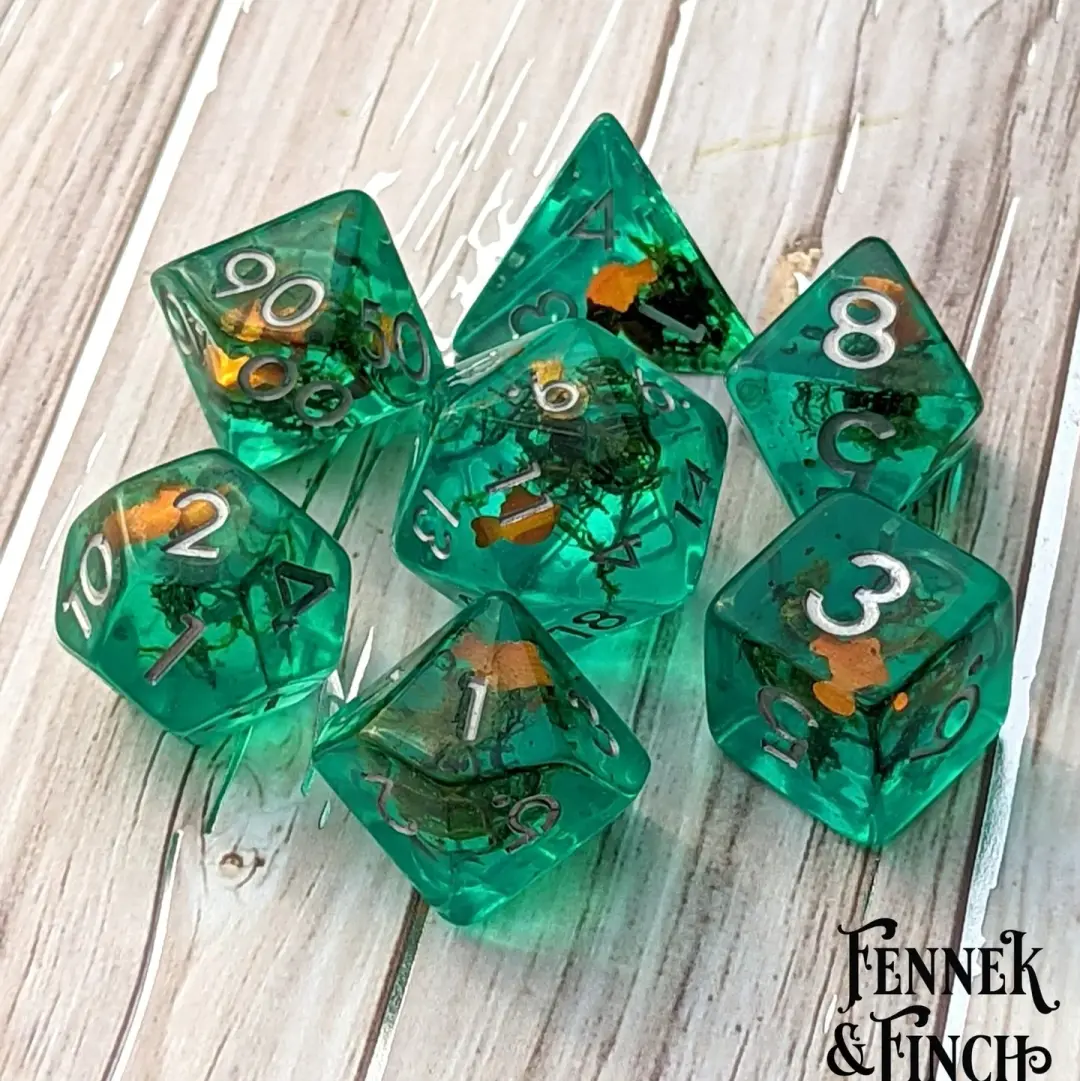 Goldfish Pond Dice Set – 7-Piece Teal Resin Gold Fish Plants DnD Dice
