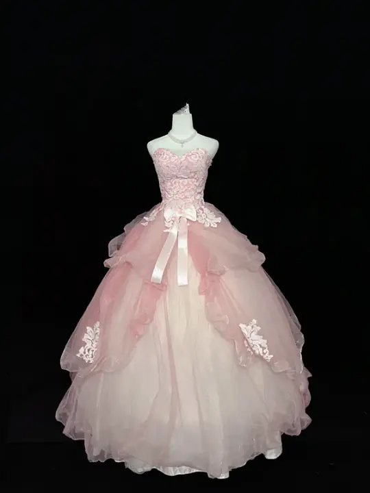 Light pink strapless, fitted waist, full skirt, long ball gown, bridal dress R9056
