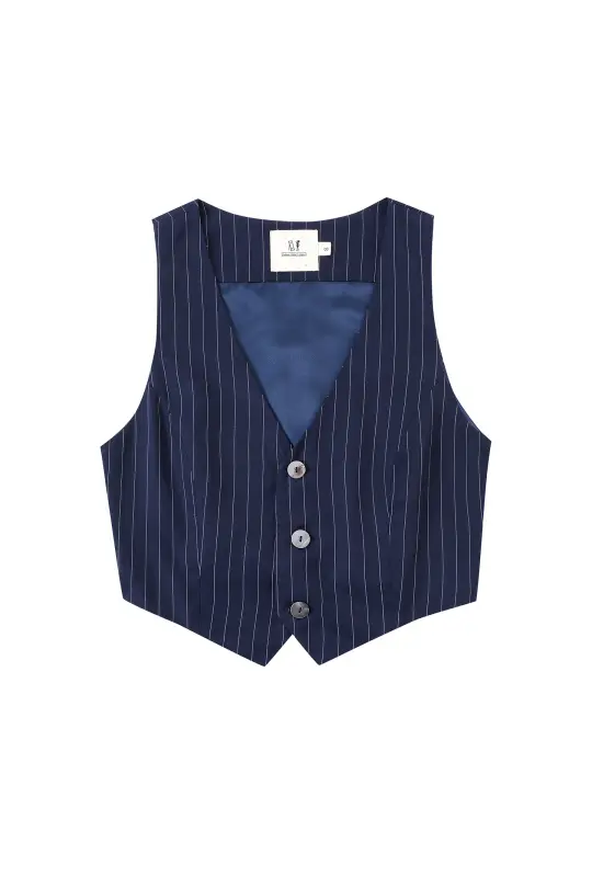 Tencel Stripe Button Crop Vest Navy