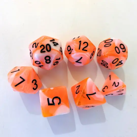 Conflagration Dice Set – Neon Orange & White Marble with Black Font