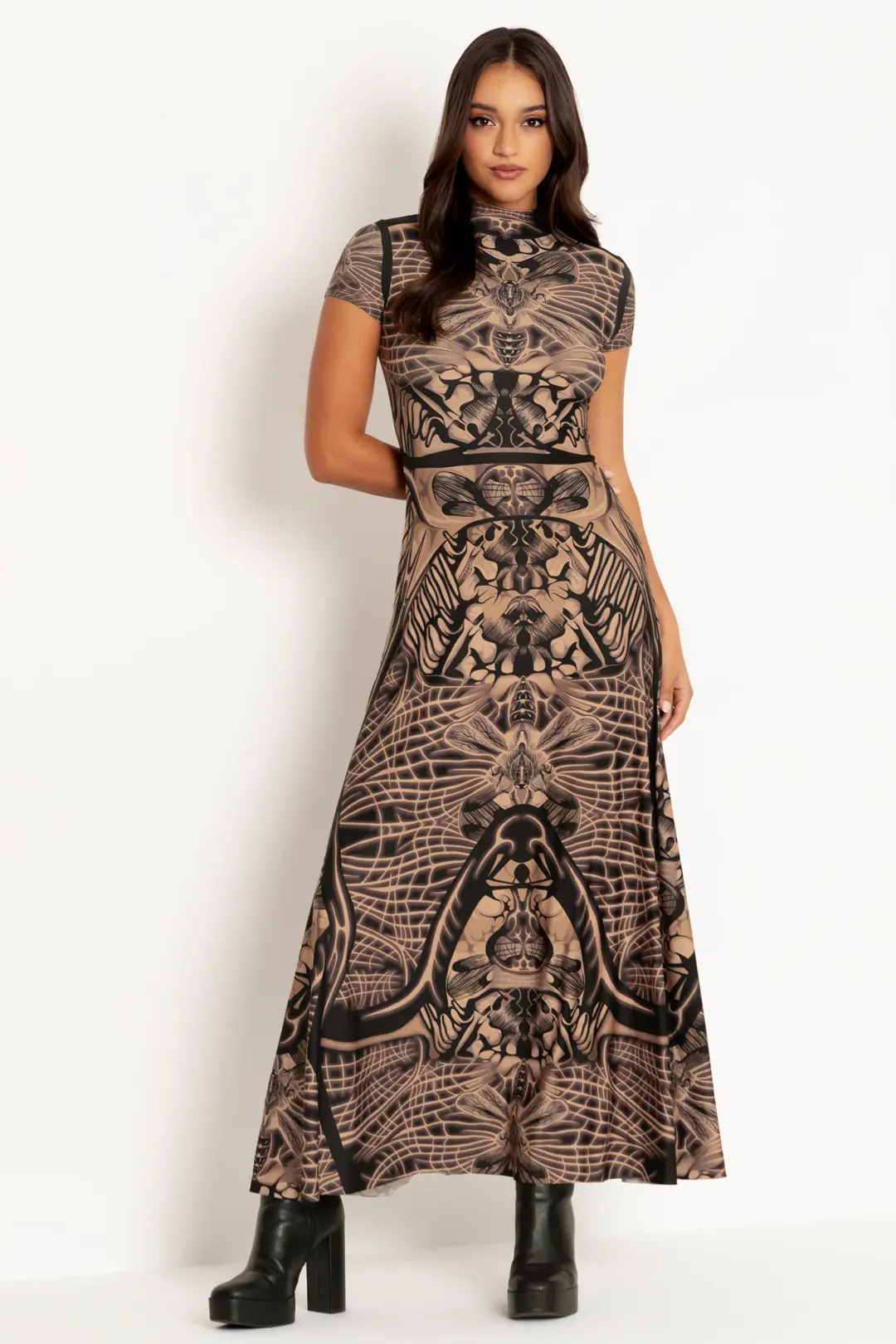 Insect Goddess High Neck Cap Sleeve Maxi Dress