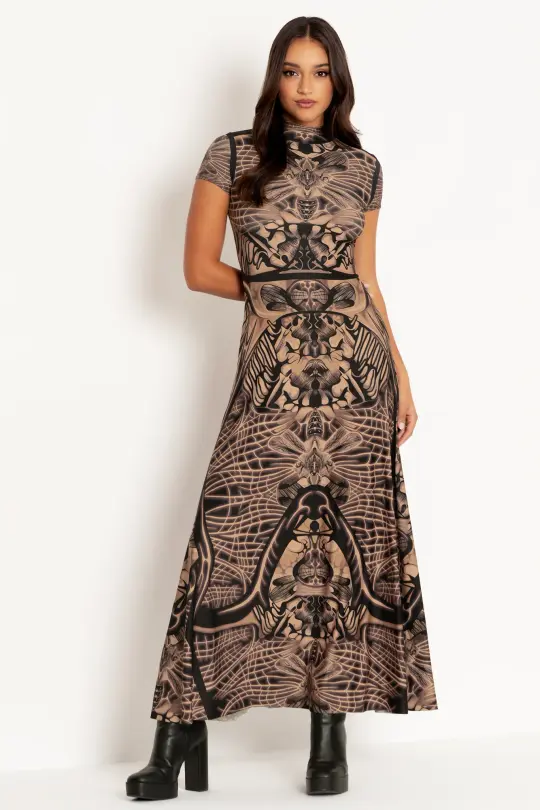Insect Goddess High Neck Cap Sleeve Maxi Dress
