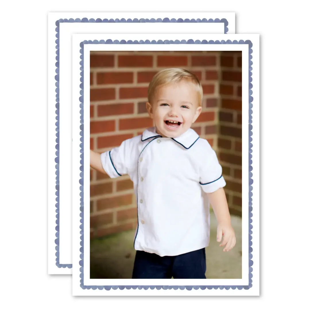 Blue Scalloped Watercolor Portrait Holiday Card