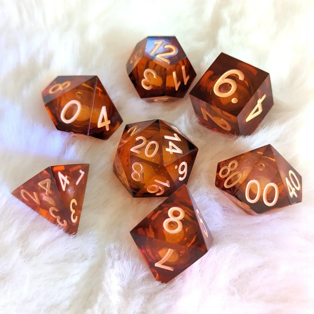 ✨ Amber Ale Liquid Core Sharp Edge Resin DnD Dice Set