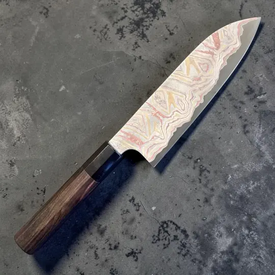 Nigara Irodori Blue #2 Ranbow Damascus Santoku 180mm with Ebony and Horn Handle