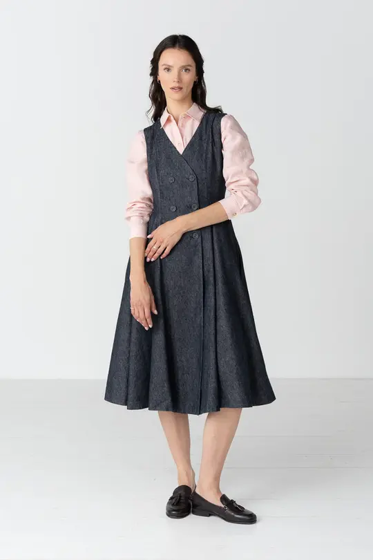 Rosa – Midi Linen Denim Dress with Double-Button Front