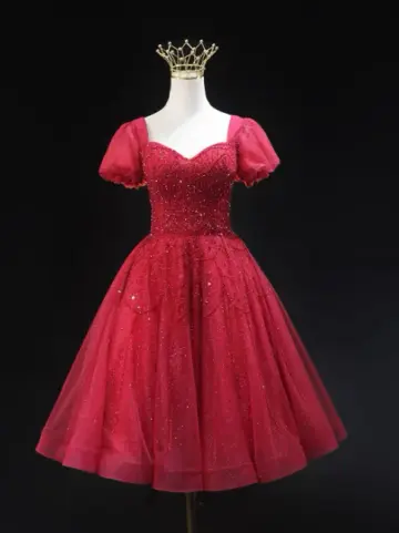 Glitter Red Beaded Homecoming Dress ,A-Line Square Tulle Corset Short Prom Dress RS814