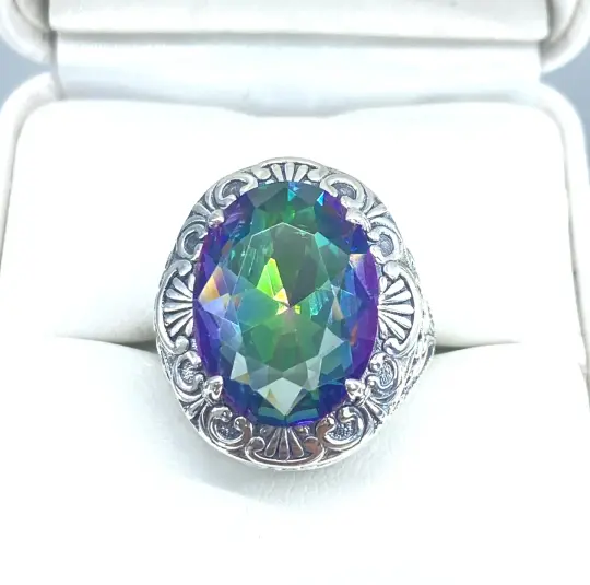 Mystic Topaz Ring, Size 5, Oval Gemstone, Lion Filigree, Art Deco Jewelry, D217 - Ready to Ship