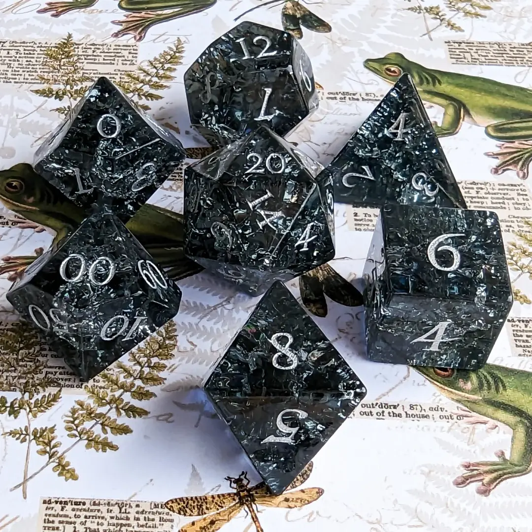 Black and Blue Crackled Glass Dice Set – 7-Piece Real Glass DnD Dice | Fennek & Finch