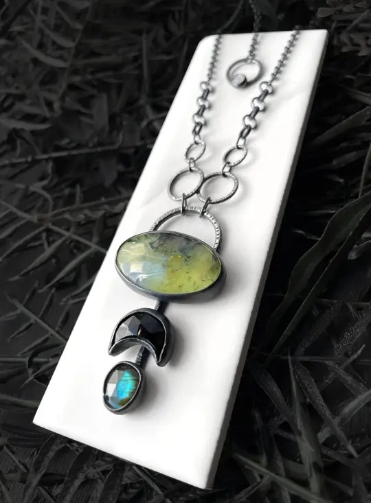 Space-Age Glowing Prehnite Moon Necklace