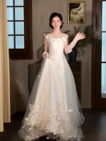 Hazy White A-Line Strapless Tulle Applique Corset Maxi Wedding Dress RS2008