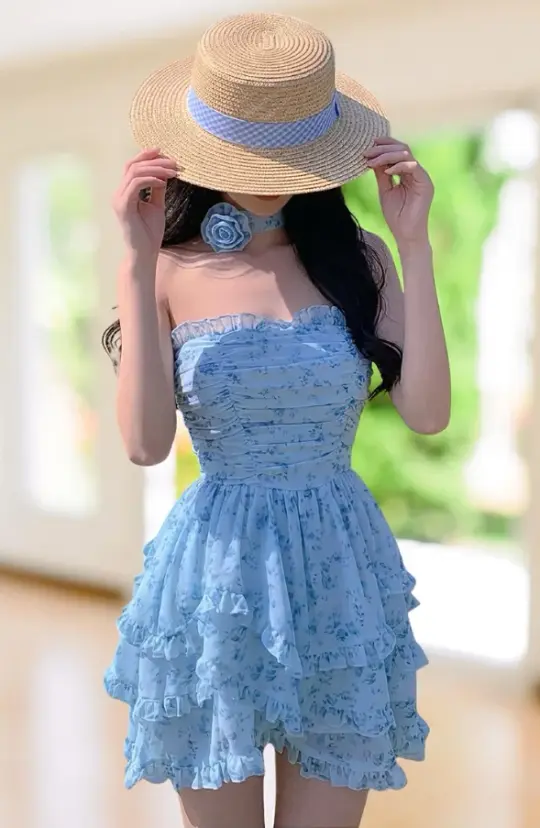 Floral Chiffon Women's Homecoming Dress Blue Corset Short Prom Dress Party Dress RS2794