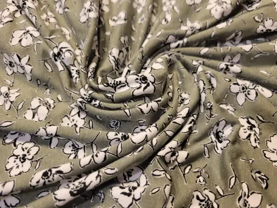 Olive Green and White Floral Knit - By the Yard
