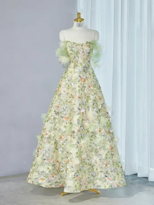 Light green off-shoulder fitted long ball gown R9001