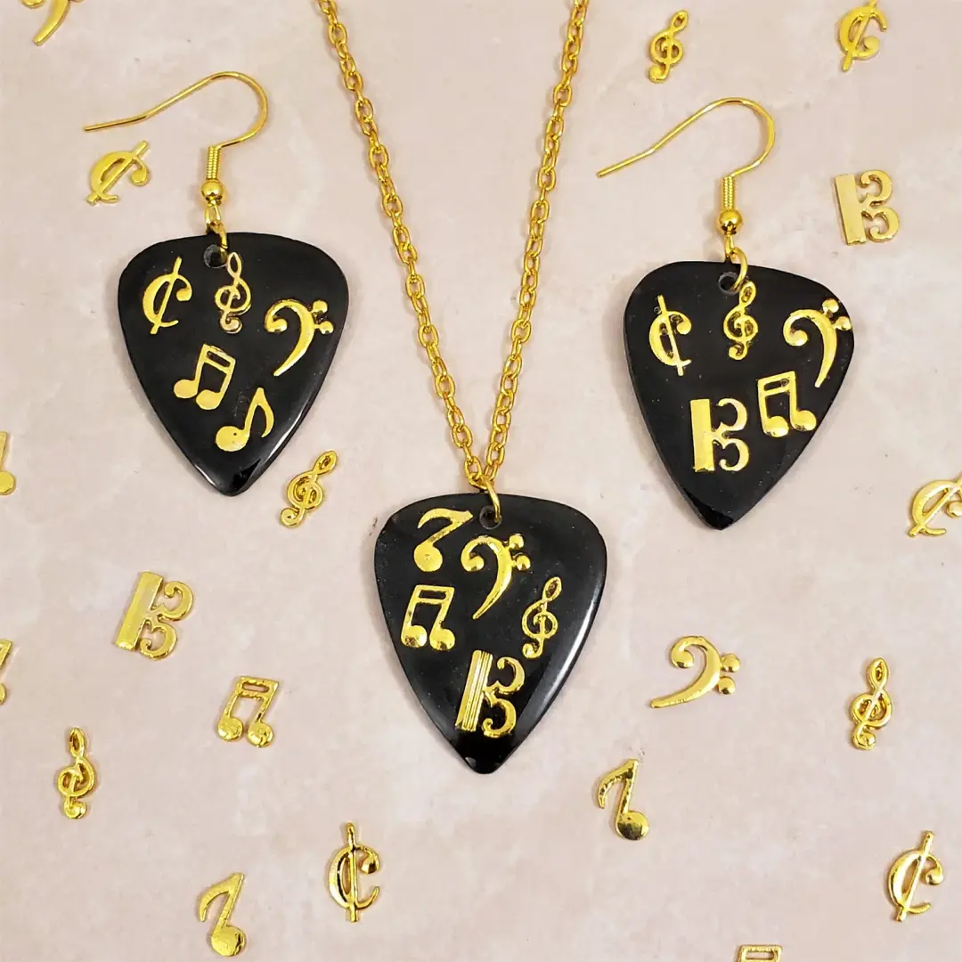 Custom Resin Music Note Guitar Pick Necklace and Earrings