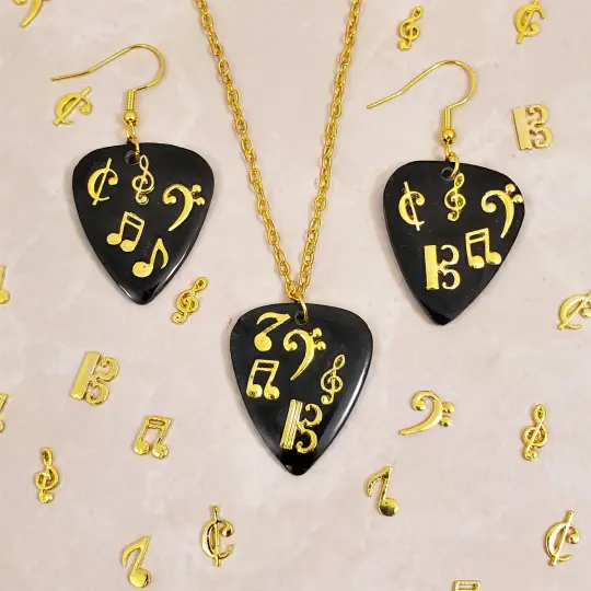 Custom Resin Music Note Guitar Pick Necklace and Earrings