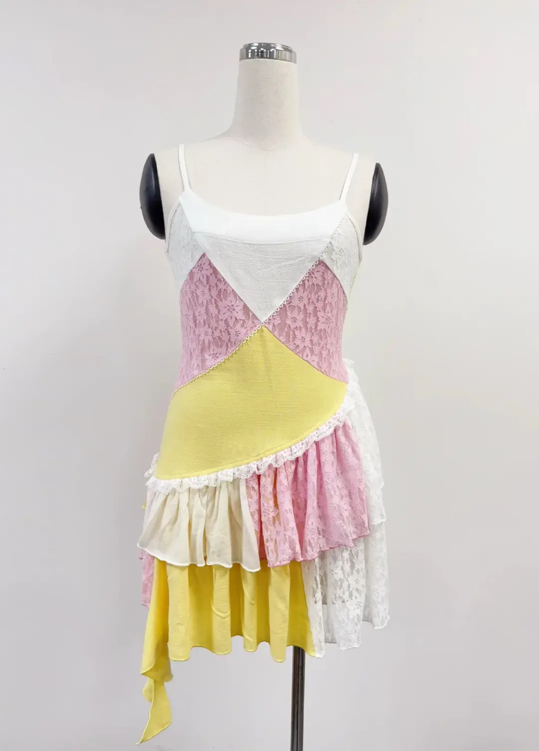 SAMPLE #442 - S Scrap Ruffle Mini Dress - White / Pink / Yellow