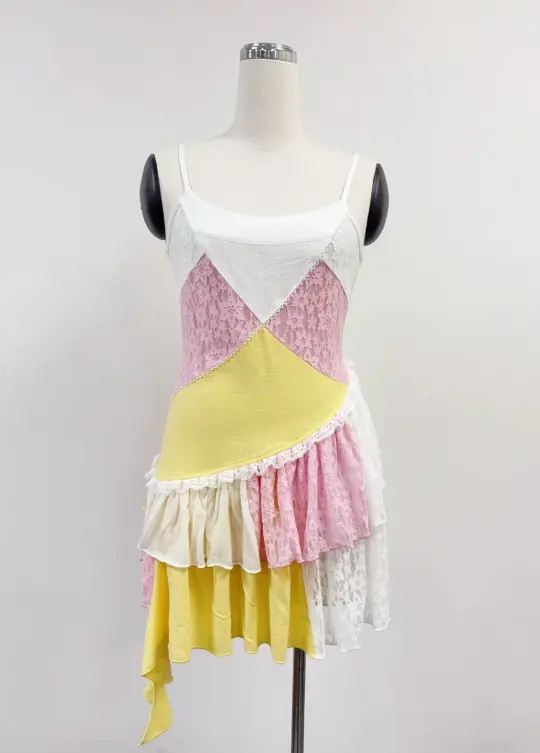 SAMPLE #442 - S Scrap Ruffle Mini Dress - White / Pink / Yellow