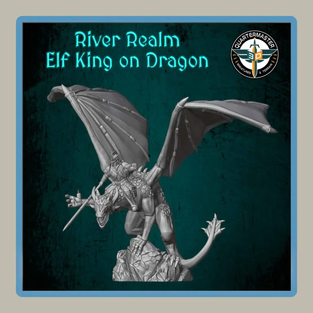 Render of 28mm miniature elf king on dragon